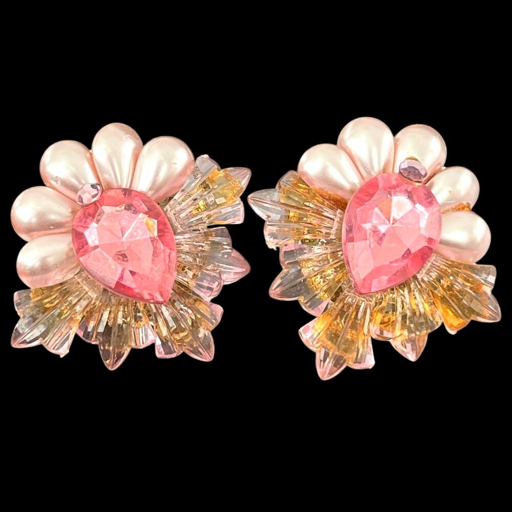 Vintage 1980s Statement Earrings Pink Crystal Floral Hand Assembled - 3U
